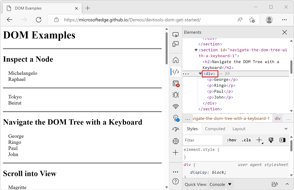 Get started viewing and changing the DOM Microsoft Edge Development