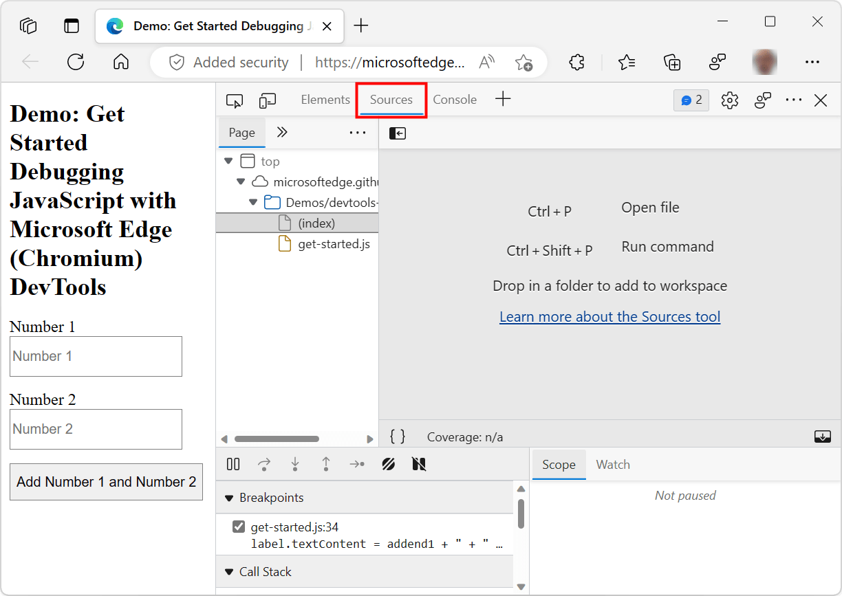 Get started debugging JavaScript Microsoft Edge Development