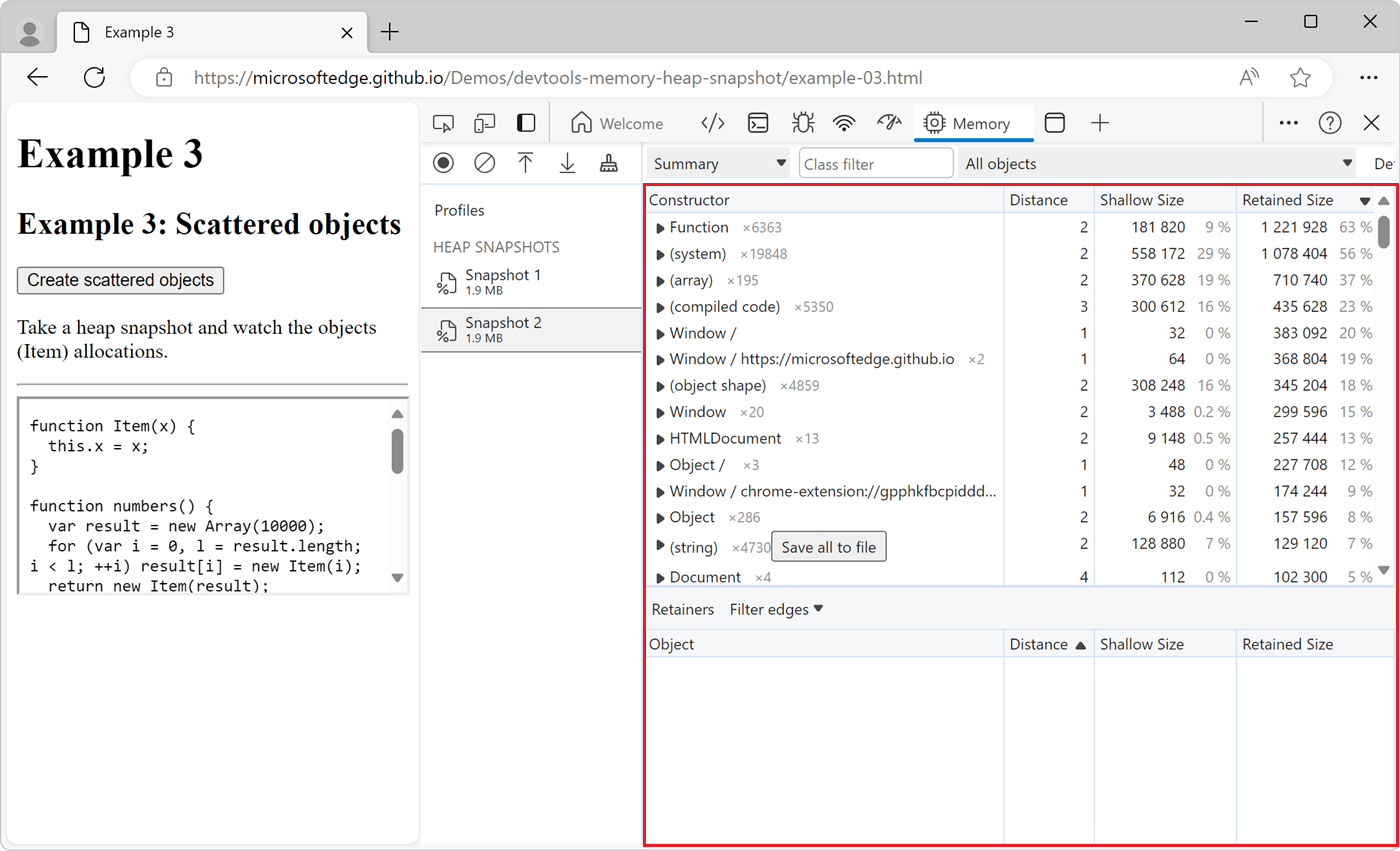 Record heap snapshots using the Memory tool Microsoft Edge Developer