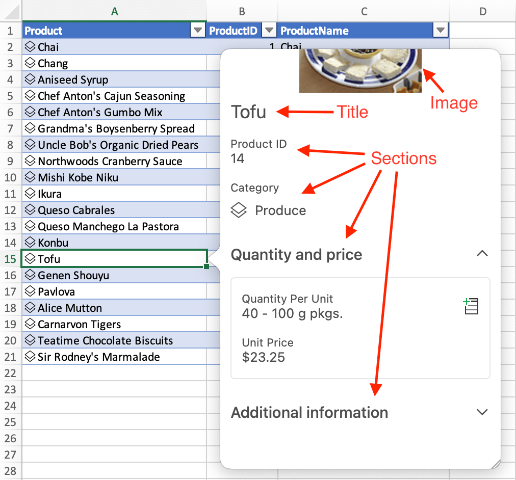 Excel JavaScript API data types entity value card Office Addins