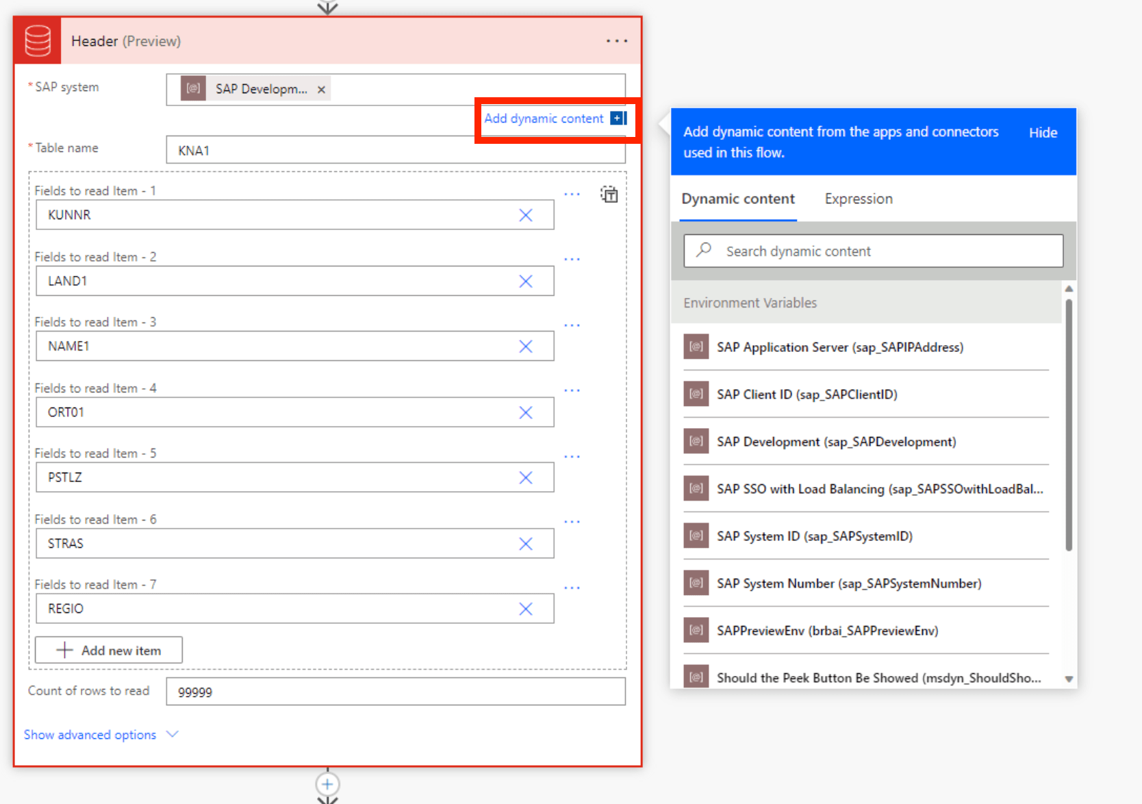 Create an environment variable with SAP connection parameters (preview