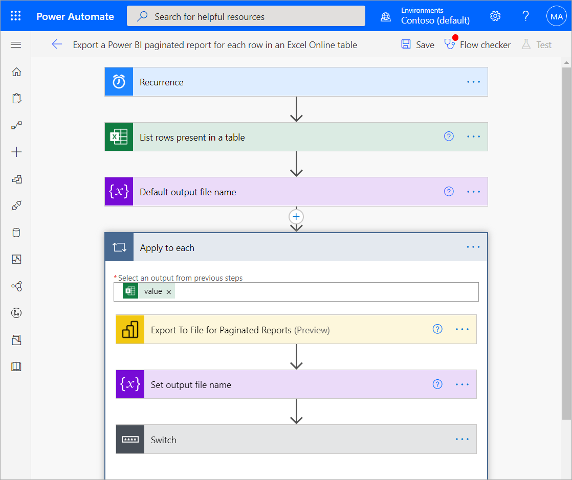 Export a paginated report for each row in an Excel Online table or