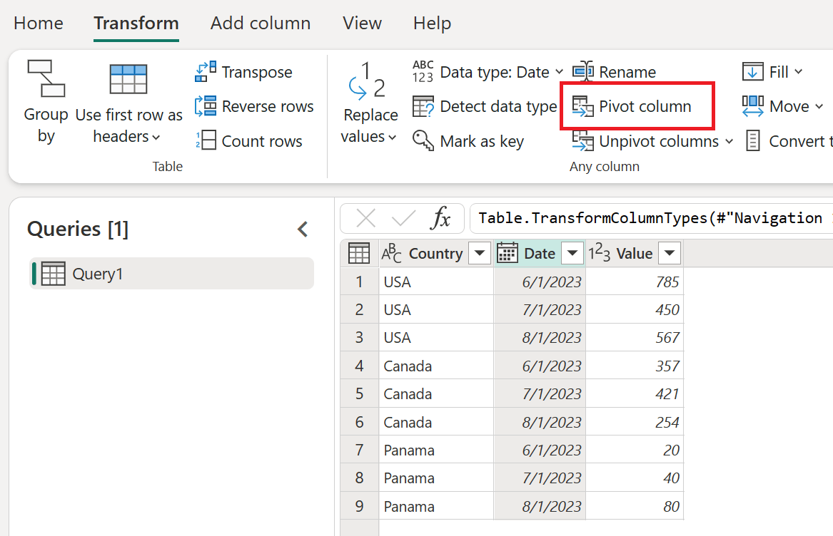 Pivot columns feature description Power Query Microsoft Learn