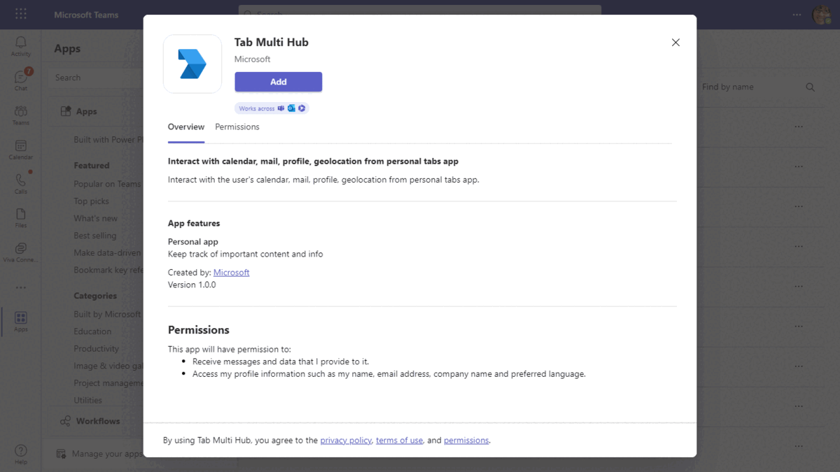 Interact with Calendar, Mail, Profile, geolocation from Personal Tabs