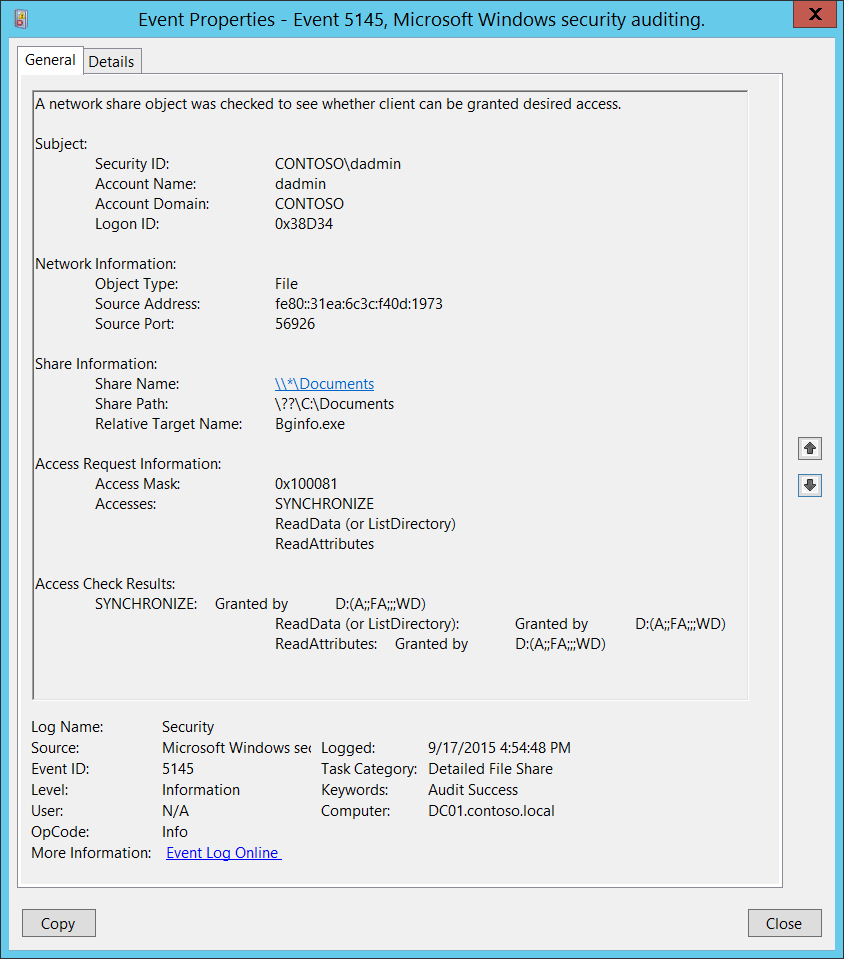 5145(S, F) A network share object was checked to see whether client can