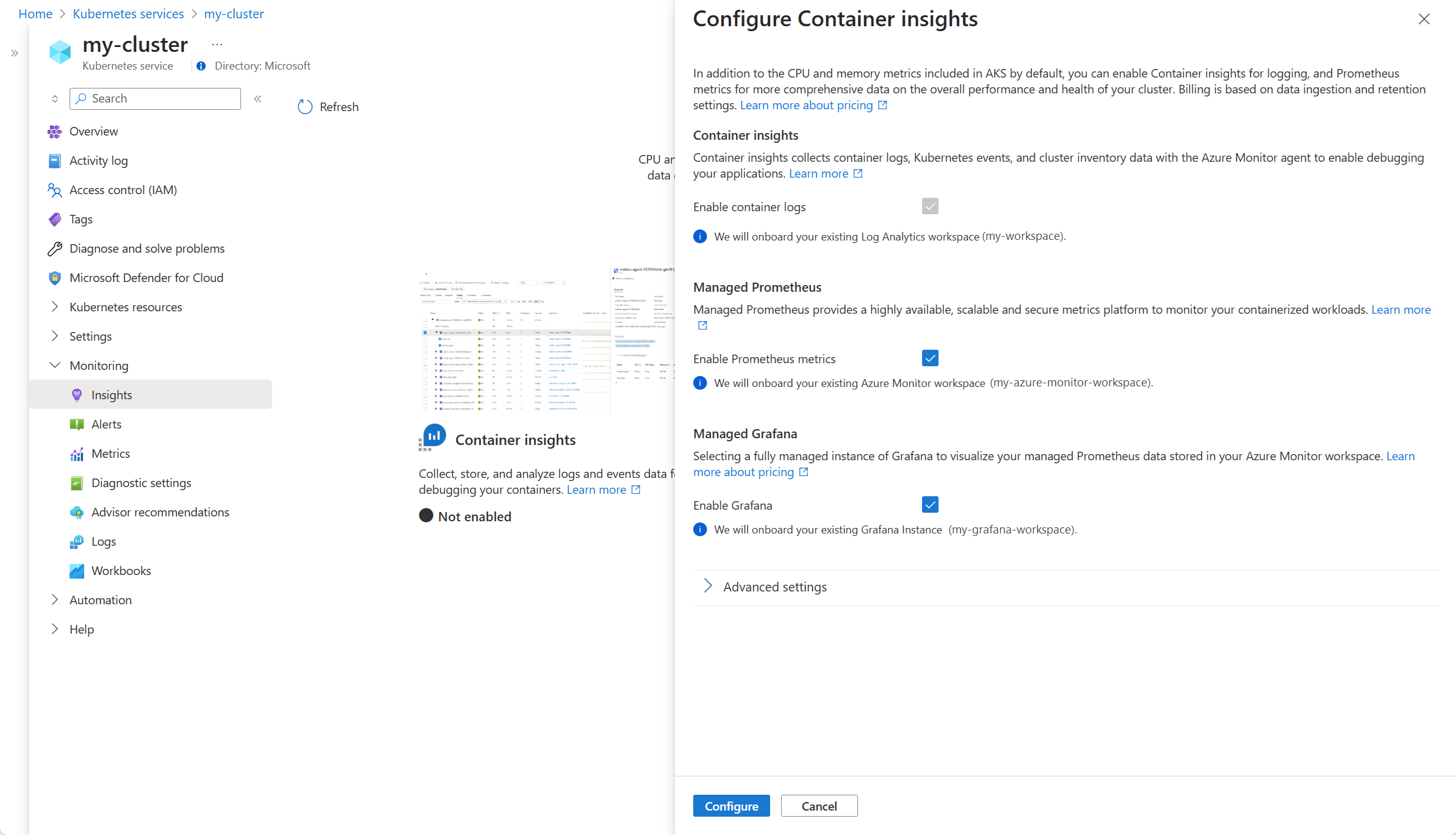 Habilitación de Container Insights para un clúster de Azure
