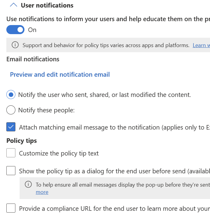 Send email notifications and show policy tips for DLP policies