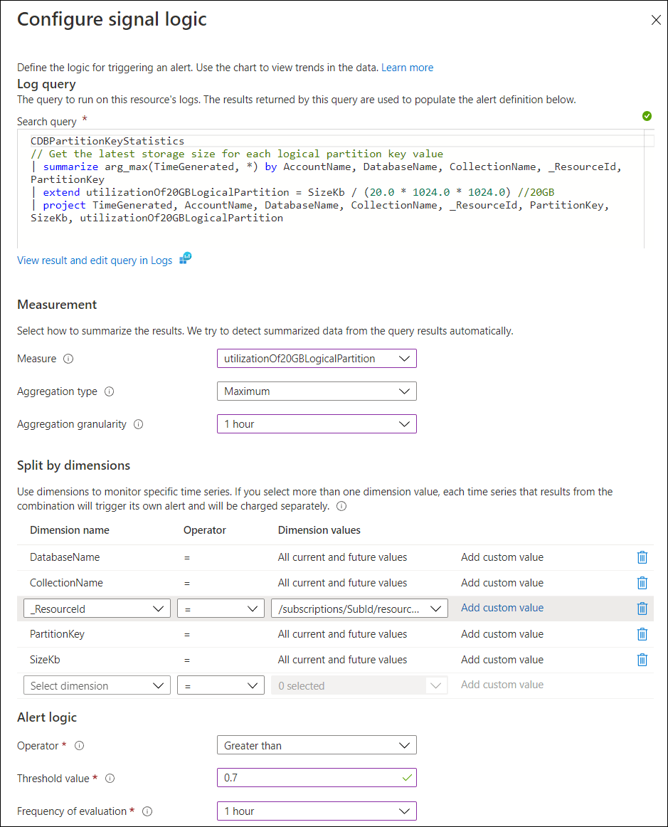 論理パーティション キーのストレージが 20 GB に近づいているかどうかを監視するアラートを作成します Microsoft Learn