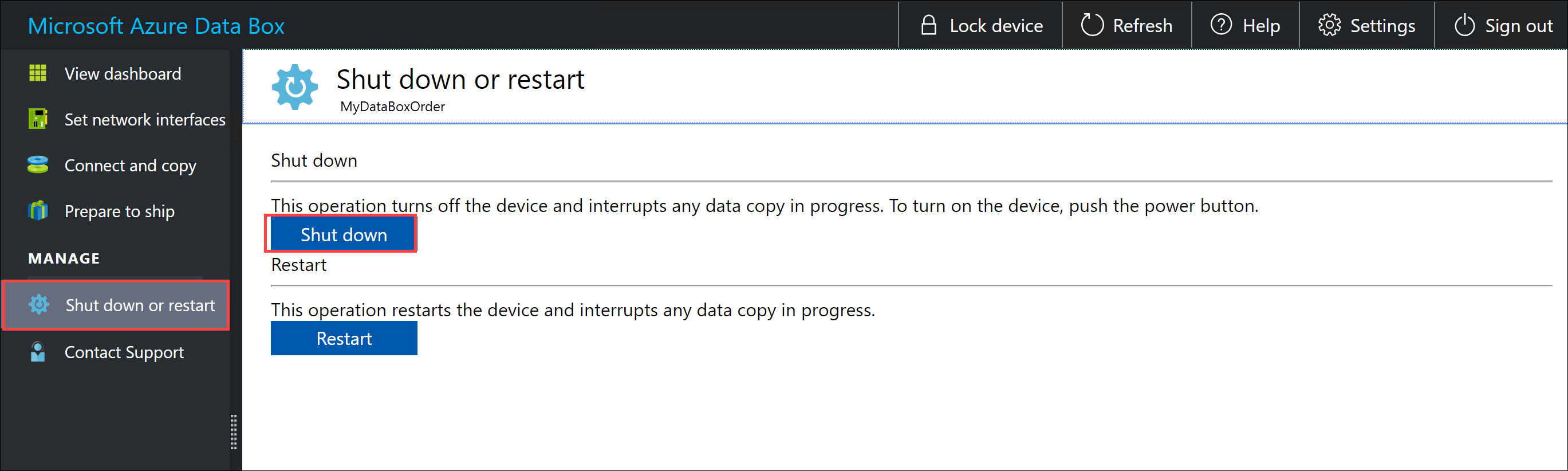 ローカル  UI を使用した Azure Data Box/Azure Data Box Heavy の管理 Microsoft Learn