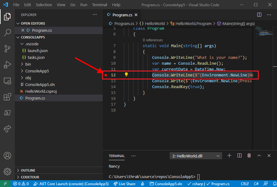 Visual Studio Code を使用して コンソール アプリケーションをデバッグする Microsoft