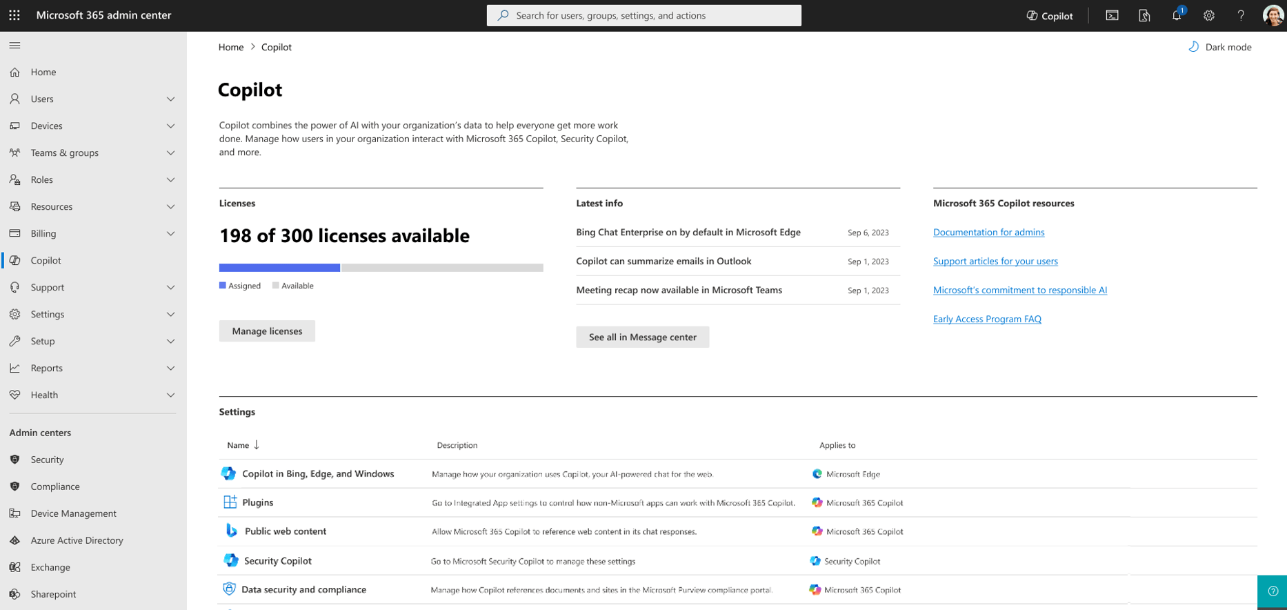 Gerenciar o Copilot para Microsoft 365 com a página Copilot Microsoft