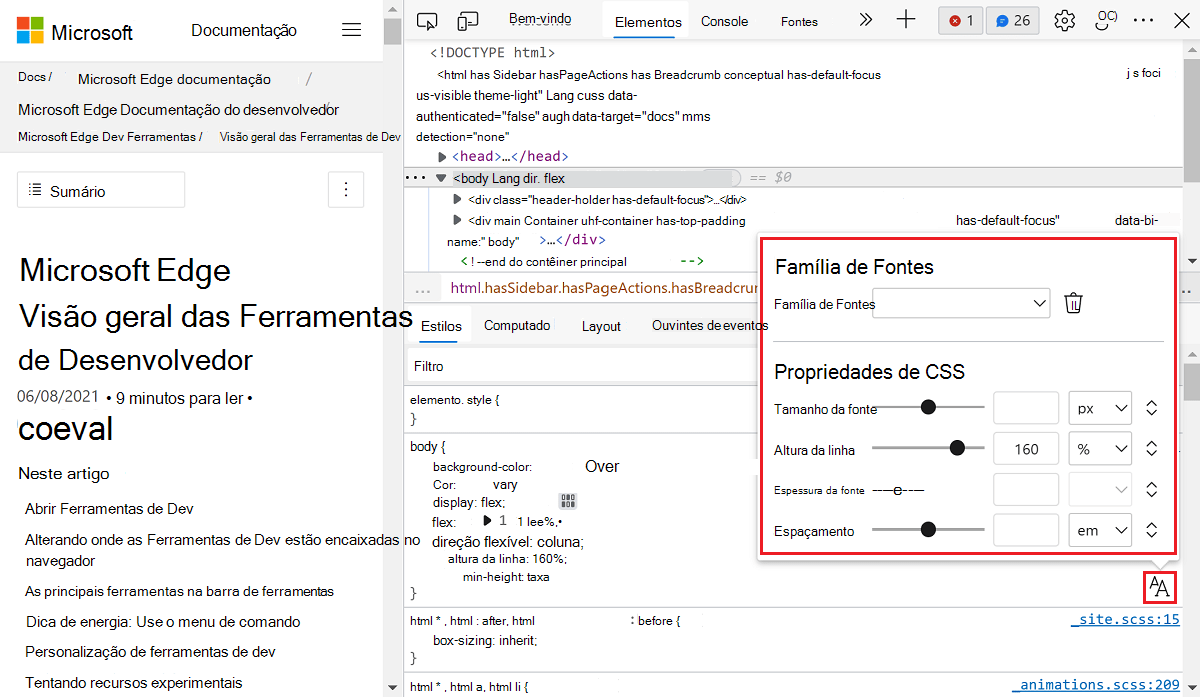 Editar estilos e configurações de fonte CSS no painel Estilos