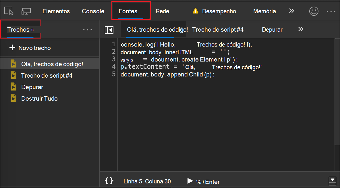 Executar snippets do JavaScript em qualquer página da  Microsoft