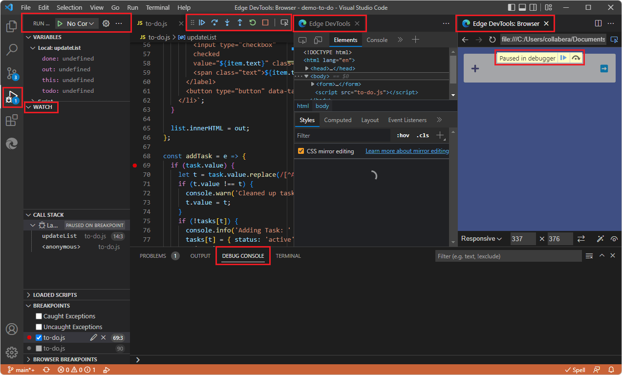 Integração com Visual Studio Code depuração Microsoft Edge Developer