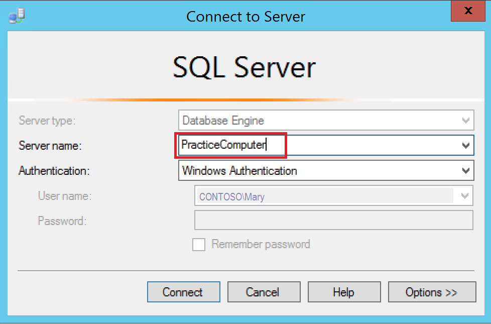 Lição 1 conexão ao mecanismo de banco de dados SQL Server