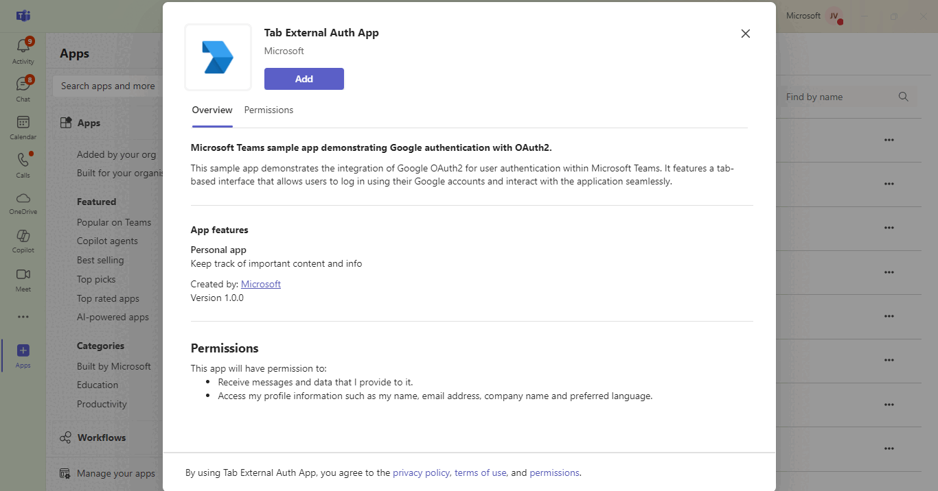 Tab external auth C Code Samples Microsoft Learn