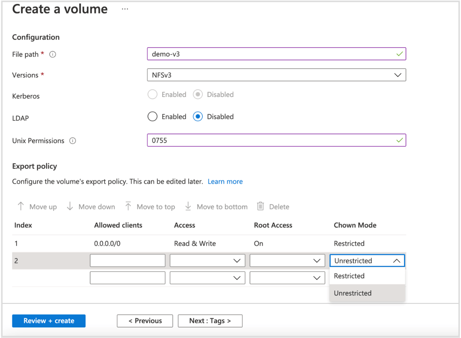 为 Azure NetApp 文件 NFS 和双协议卷配置“Unix 权限”和“更改所有权模式” Microsoft Learn