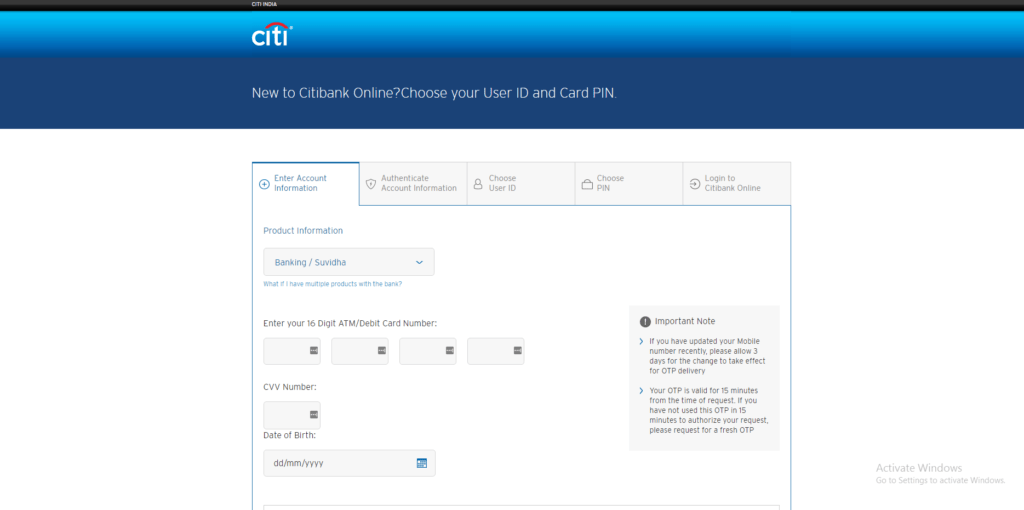 Citibank Net Banking Registration, Login, Reset Password