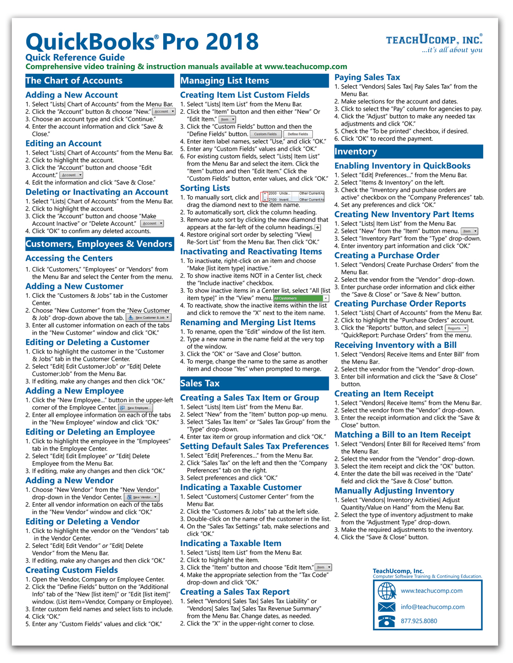 QuickBooks Pro 2018 Quick Reference Guide Inc.