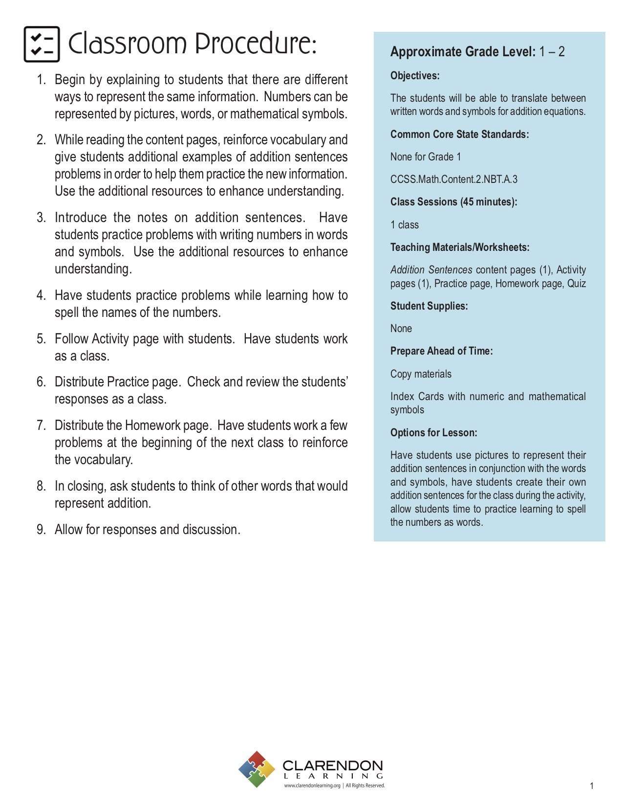 Addition Sentences, Free PDF Download Learn Bright