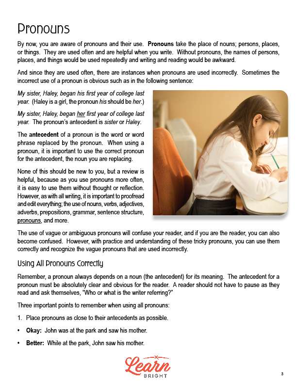 Correcting Vague Pronouns, Free PDF Download Learn Bright