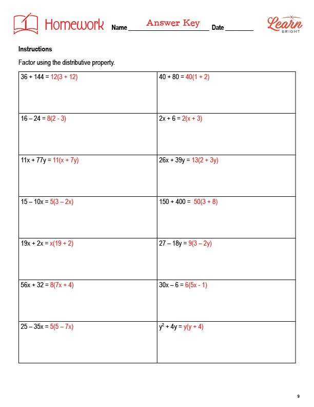 Factor Using the Distributive Property, Free PDF Download Learn Bright