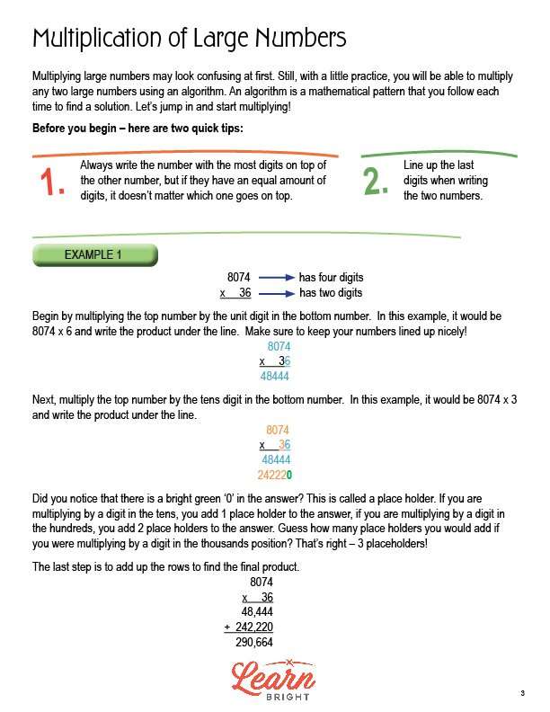 Multiplication of Large Numbers, Free PDF Download - Learn Bright