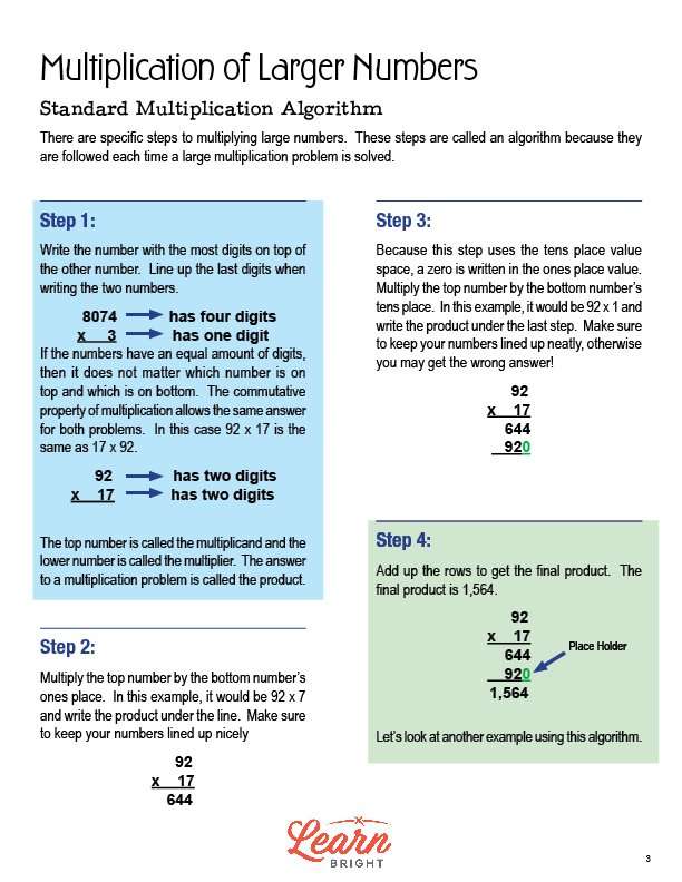 Multiplication of Larger Numbers, Free PDF Download - Learn Bright