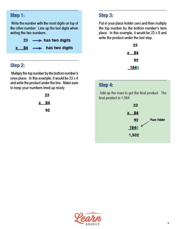 Multiplication of Larger Numbers, Free PDF Download - Learn Bright