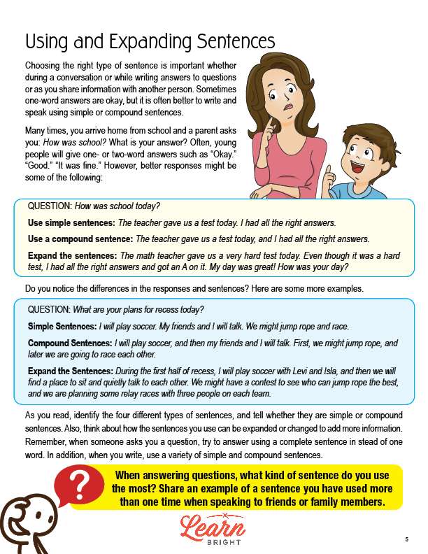 Using Simple and Compound Sentences, Free PDF Download Learn Bright