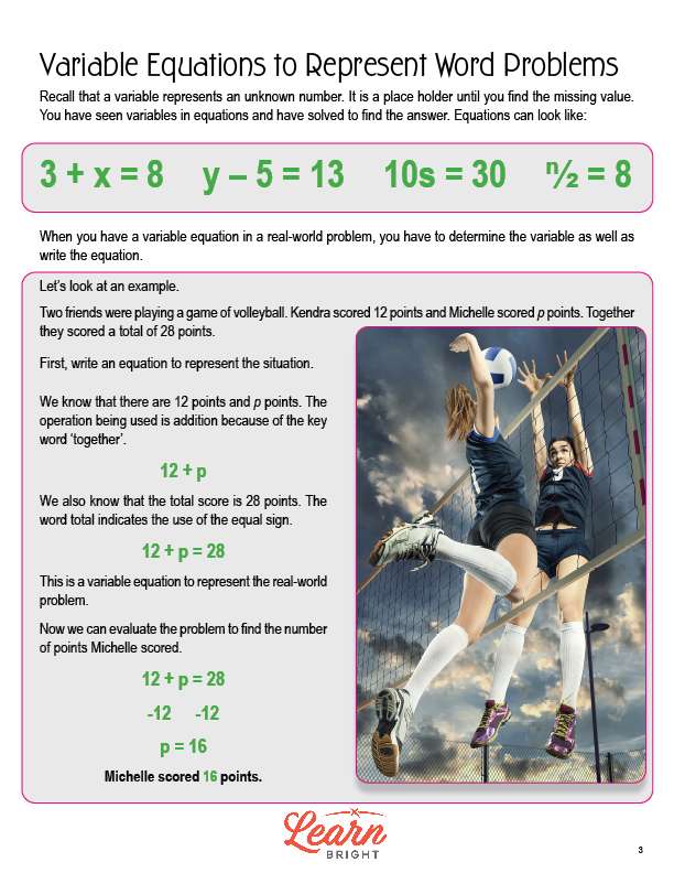 Variable Equations to Represent Word Problems