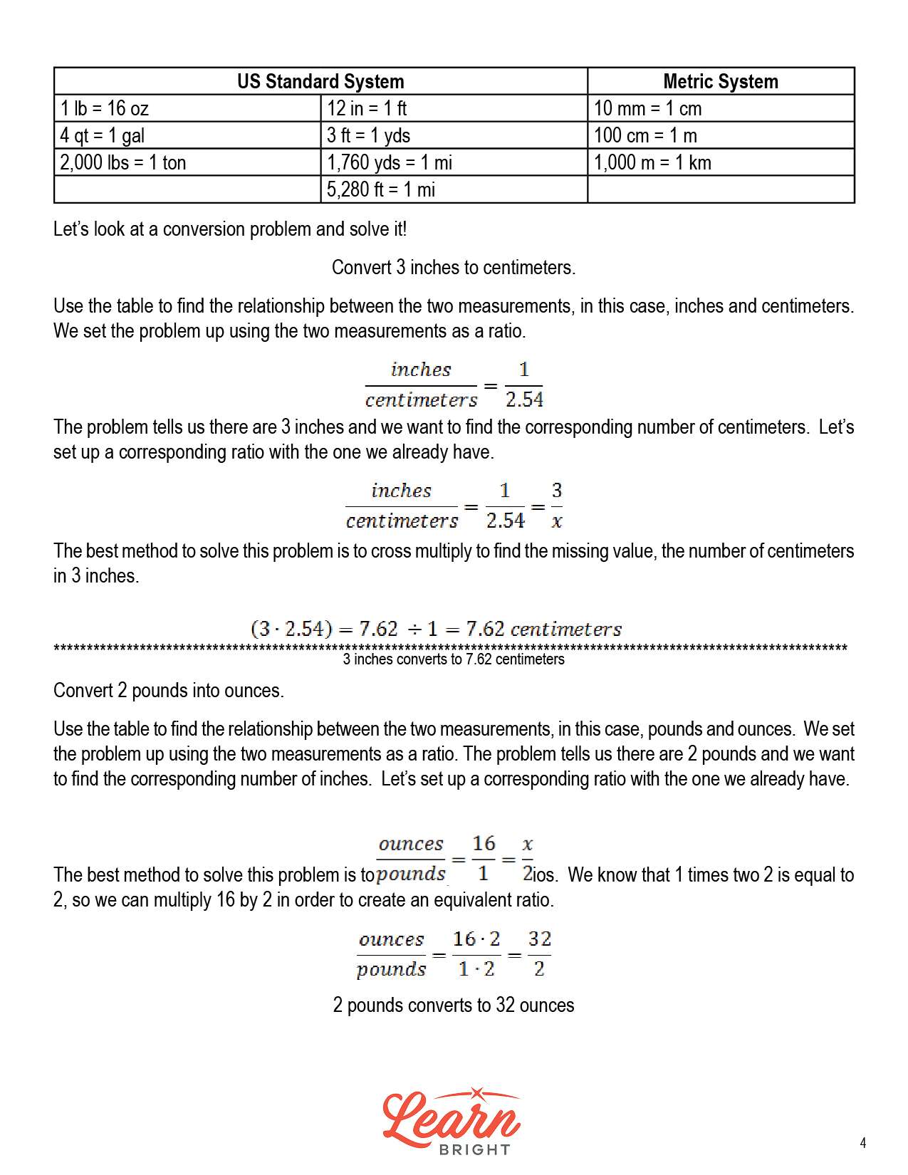 Ratios for Converting Measurements, Free PDF Download Learn Bright