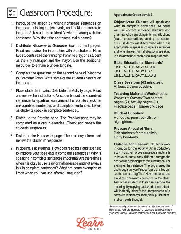 Speaking in Complete Sentences, Free PDF Download Learn Bright