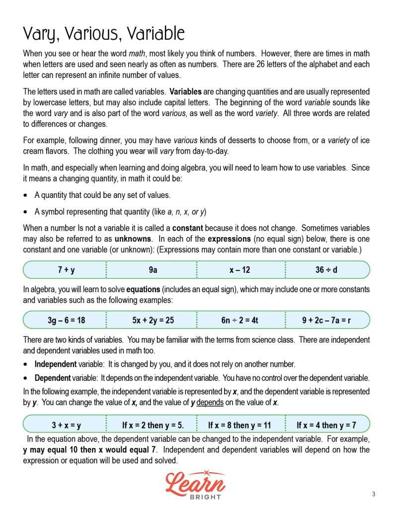 Variables in Math, Free PDF Download - Learn Bright