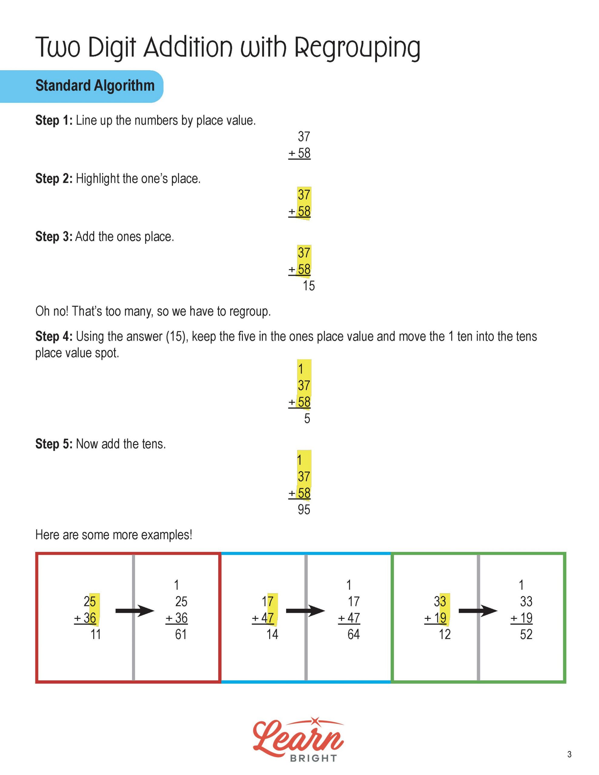 Two Digit Addition with Regrouping Advanced, Free PDF Download Learn Bright