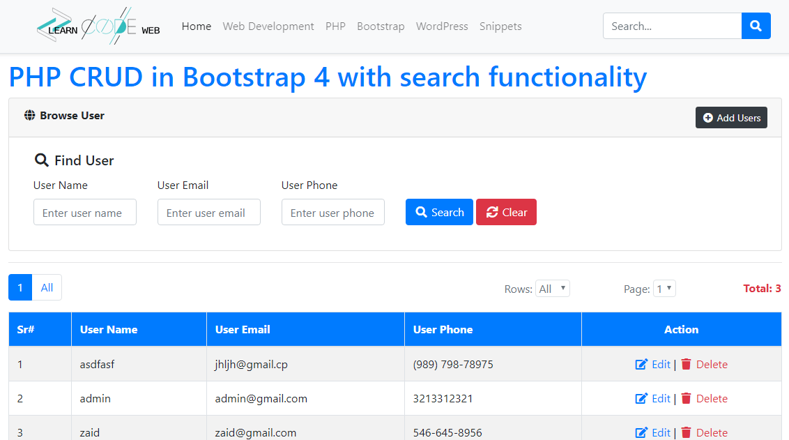 PHP CRUD with Search and Pagination in Bootstrap 4