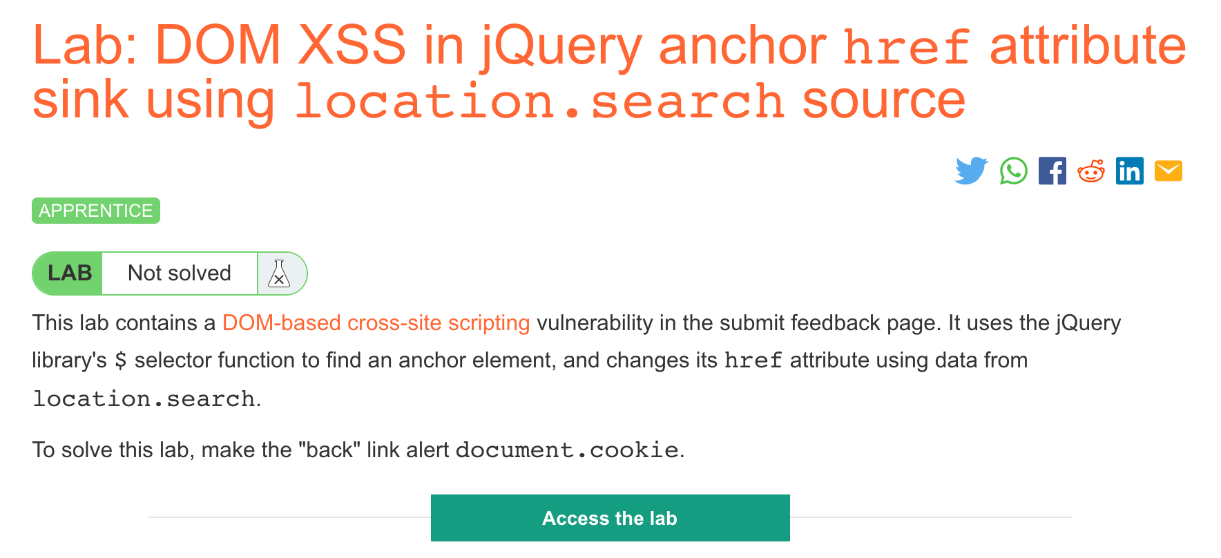 PortSwigger's "DOM XSS in jQuery anchor href attribute sink using