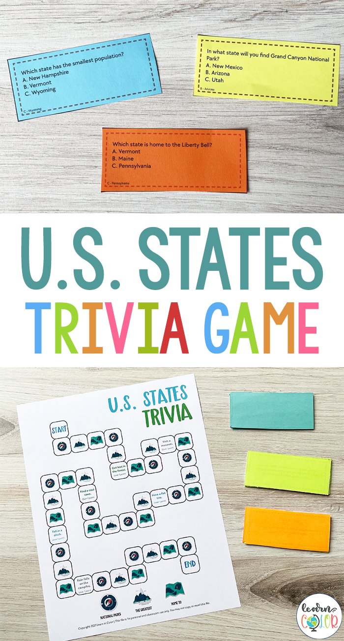 US States Printable Trivia Game Play Based Geography And History