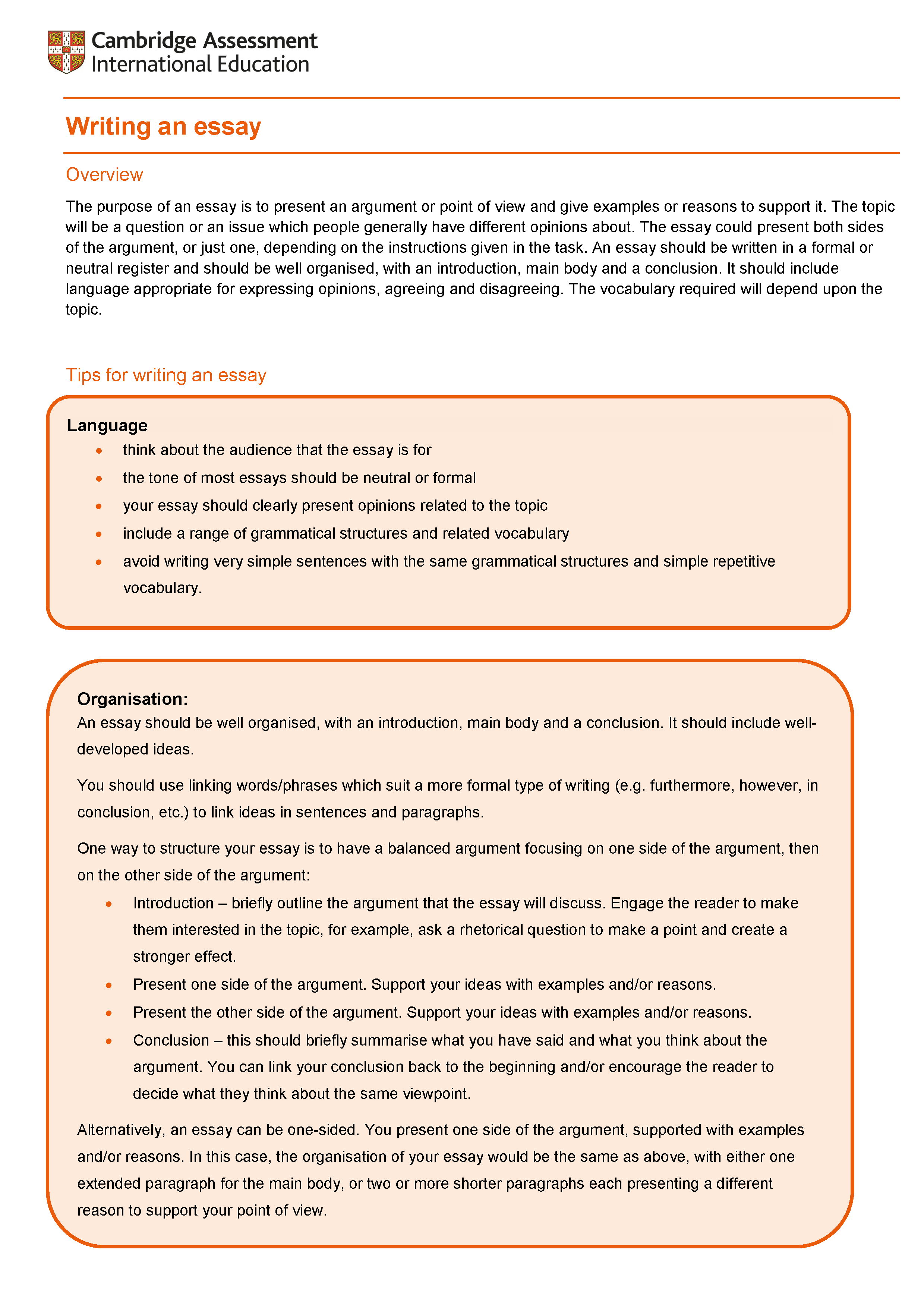 Writing an essay Online Learning area