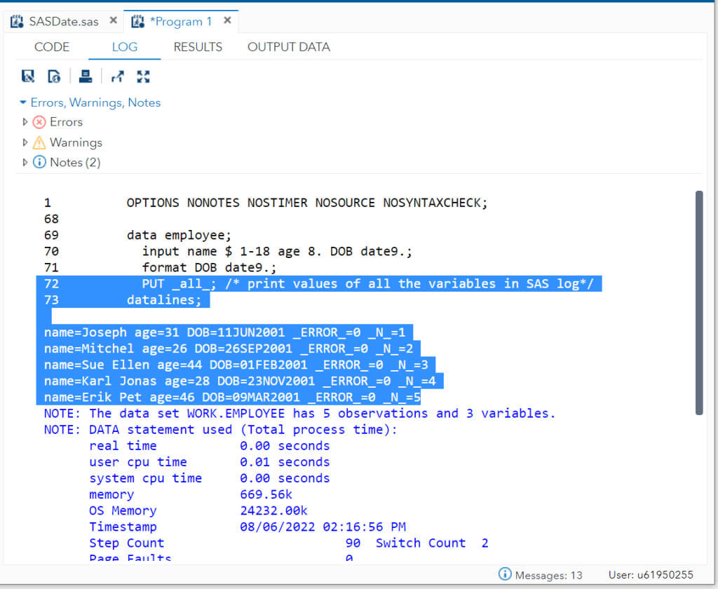 How to Print Data values into the SAS Log Learn SAS Code