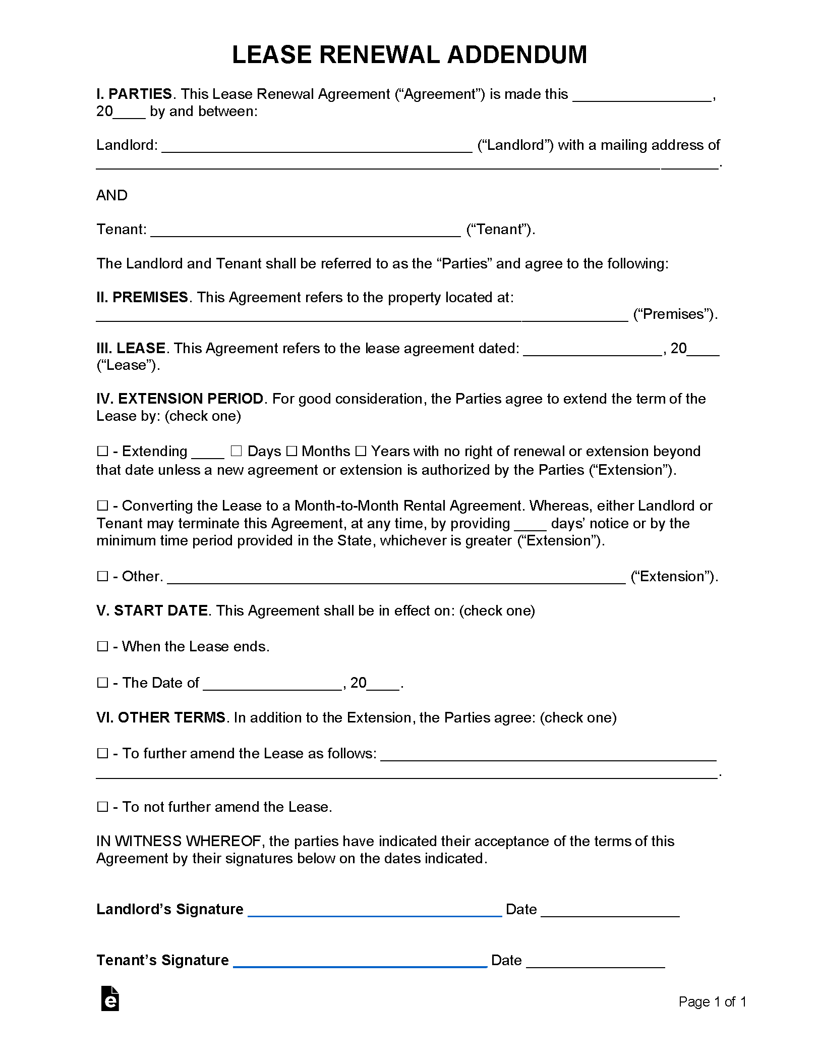 Free Lease Renewal Addendum Template PDF WORD RTF