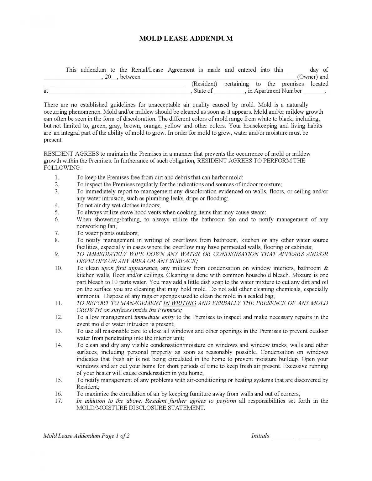 Free Mold Lease Addendum Template PDF
