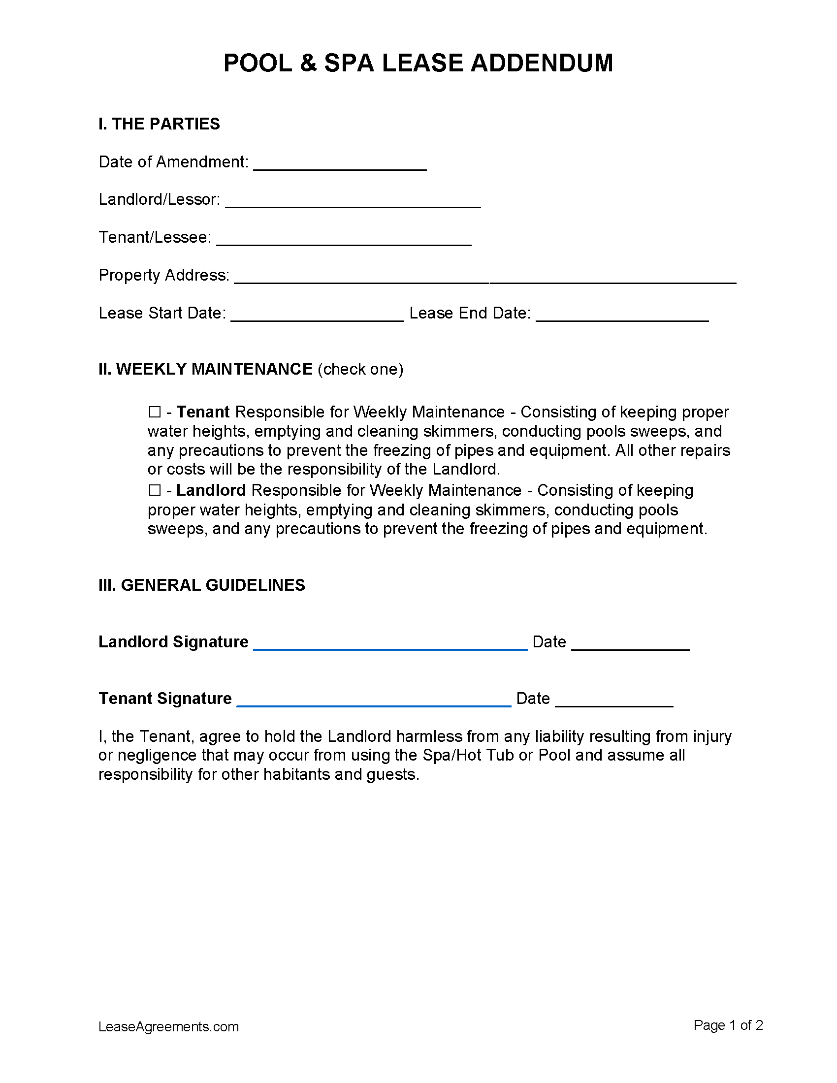 Free Pool / Hot Tub Lease Addendum Template PDF WORD RTF
