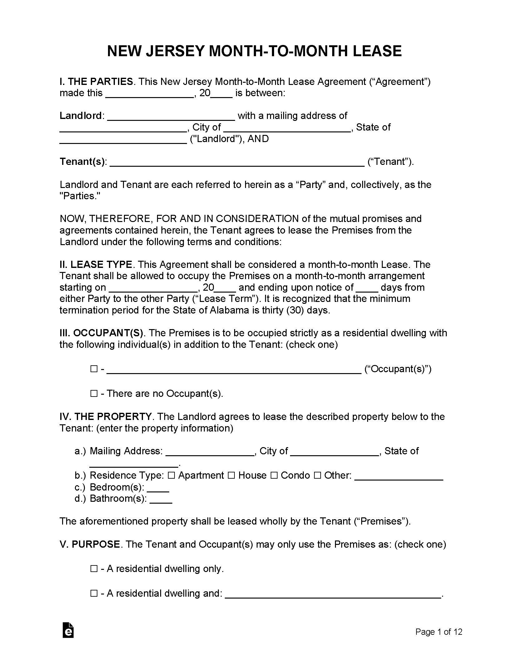 Free New Jersey MonthtoMonth Rental Agreement PDF WORD RTF