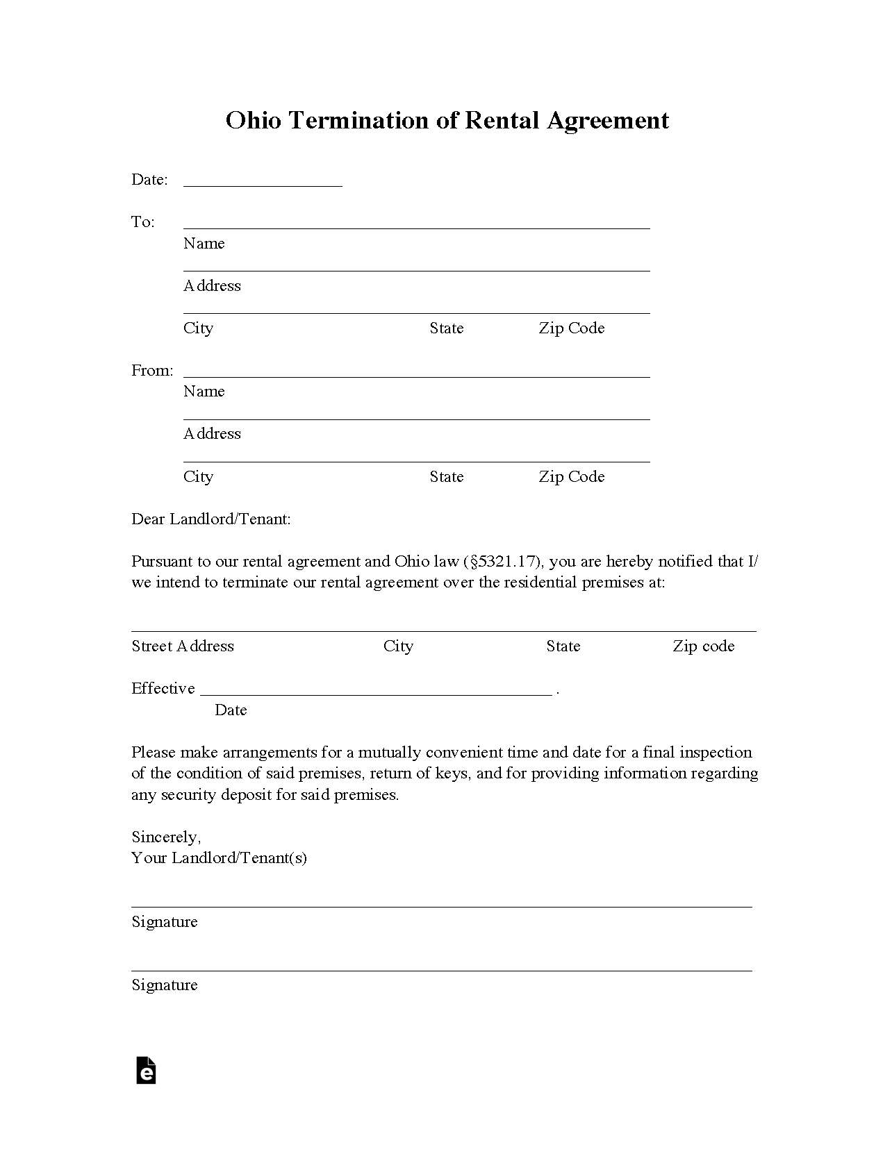 Free Ohio MonthtoMonth Lease Termination Letter PDF WORD RTF