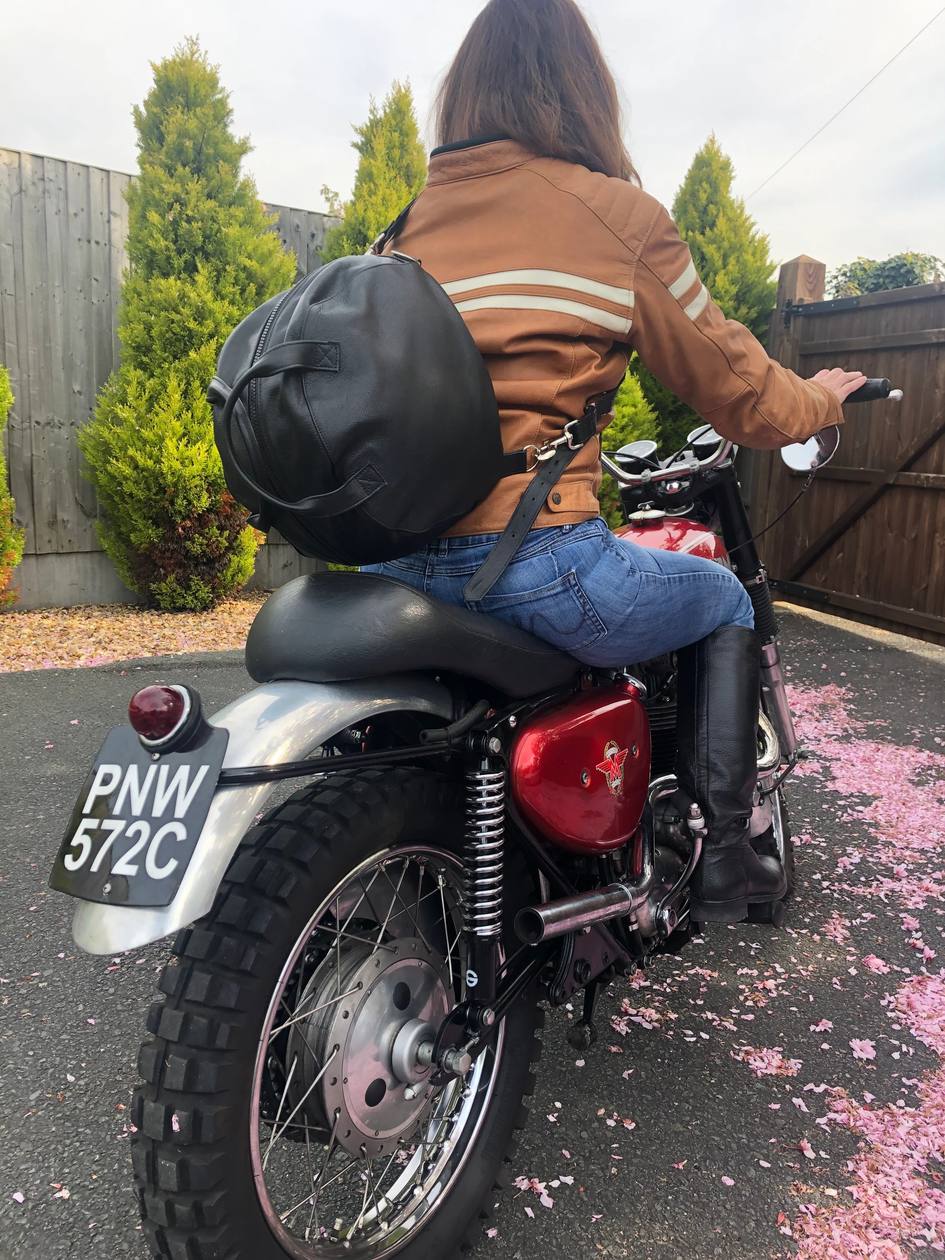 Black Leather Crash Helmet Bag with detachable strap Leather Driving