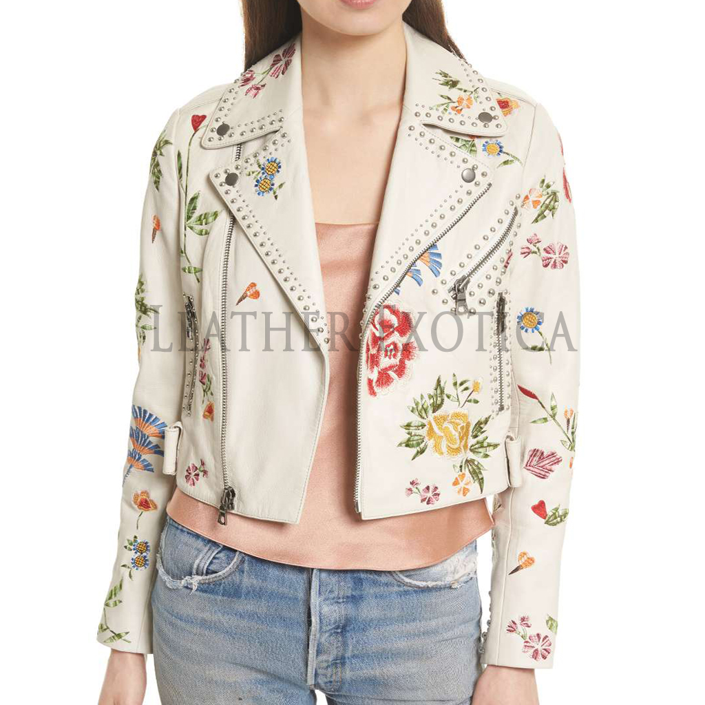 Embroidered Crop Leather Jacket For Women