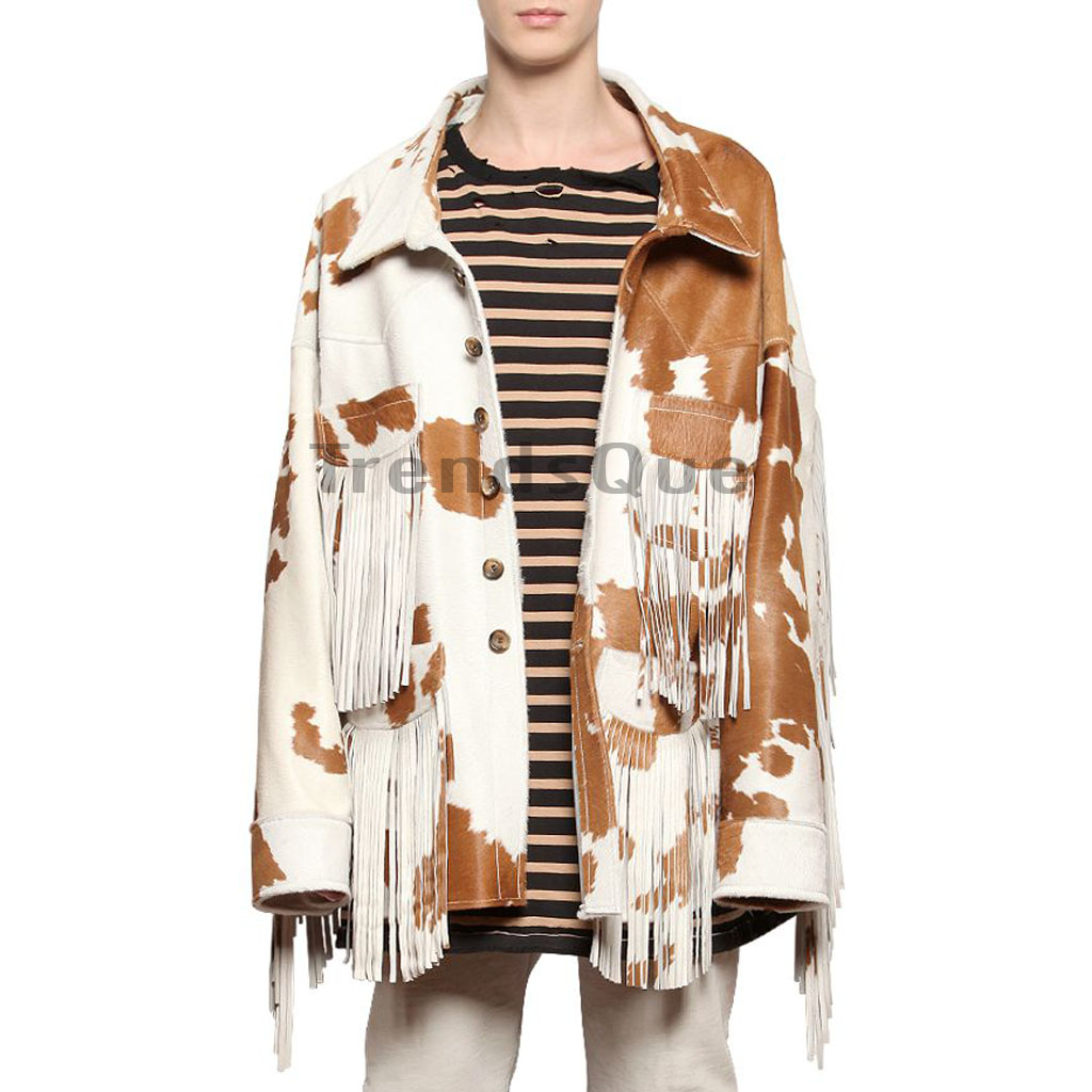 Genuine Leather Cow Printed Fringed Women Jackets
