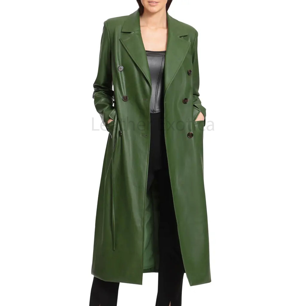 Green Women Double Breasted Leather Trench Coat