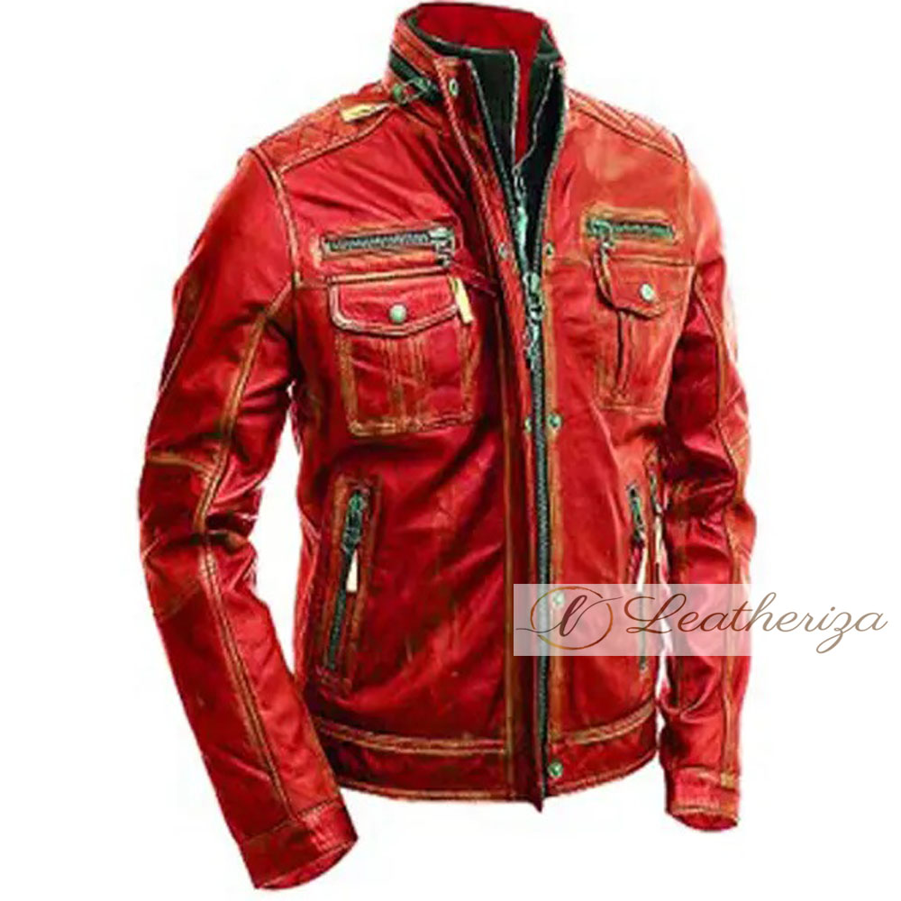 Men's Red Biker Distressed Vintage Leather Jacket Leatheriza